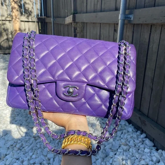 ⭐️JUMBO⭐️CHANEL classic Lambskin Jumbo double flap Lavender quilted silver chain - Picture 3 of 17